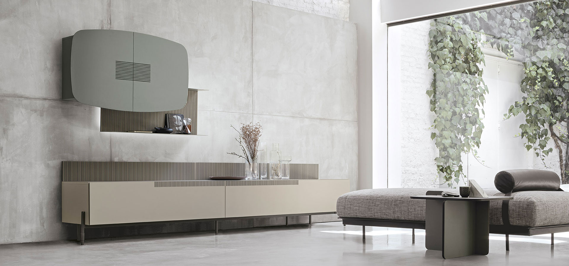“TIME UNIT_TI 111 by Tomasella – modern Italian wall unit with floating base cabinets, vertical shelving, and minimalist elegance”