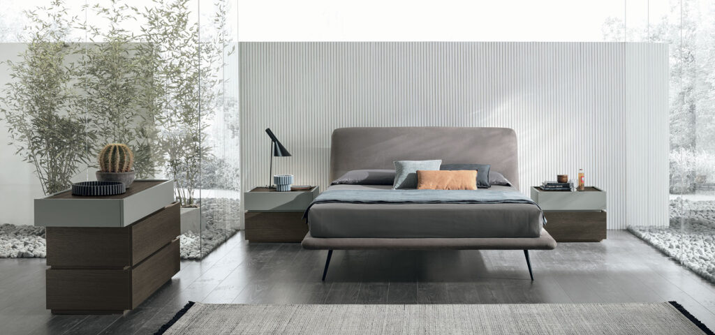 “Luna bed by Tomasella – modern Italian bed with curved upholstered headboard and minimalist low-profile frame”