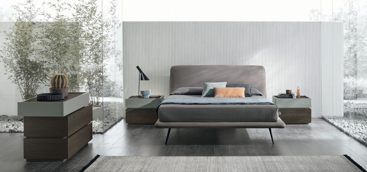 “Luna bed by Tomasella – modern Italian bed with curved upholstered headboard and minimalist low-profile frame”