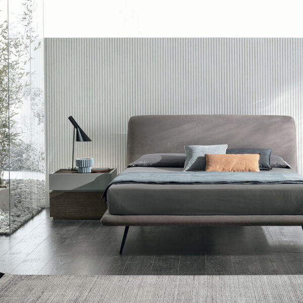 “Luna bed by Tomasella – modern Italian bed with curved upholstered headboard and minimalist low-profile frame”