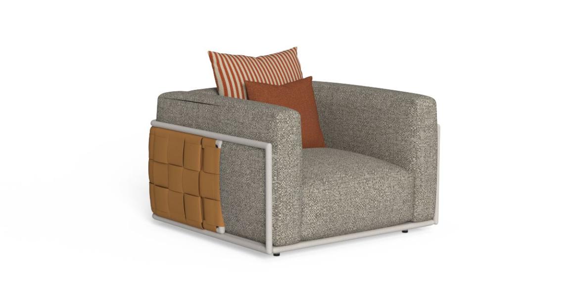 "Modern outdoor armchair from TalentiSpa's Woven collection with handcrafted rope detailing."