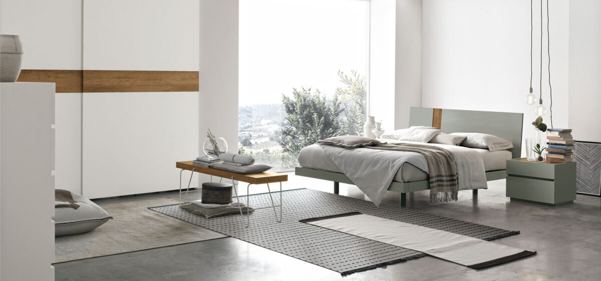 “Tablet bed by Tomasella – modern Italian bed with geometric upholstered headboard and sleek minimalist base”
