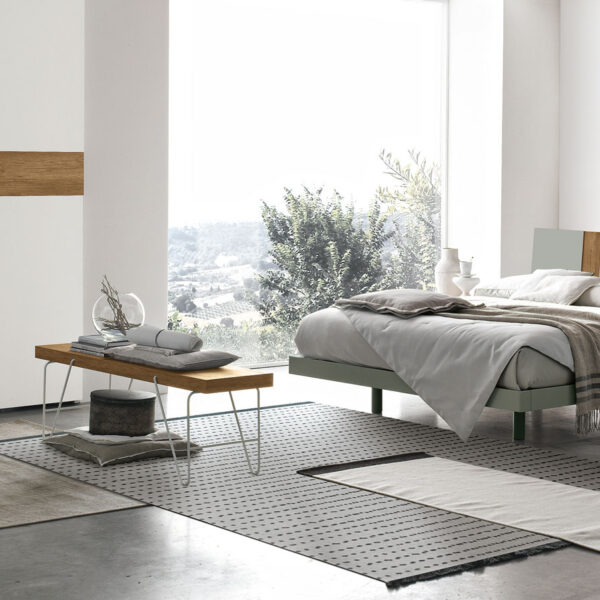 “Tablet bed by Tomasella – modern Italian bed with geometric upholstered headboard and sleek minimalist base”