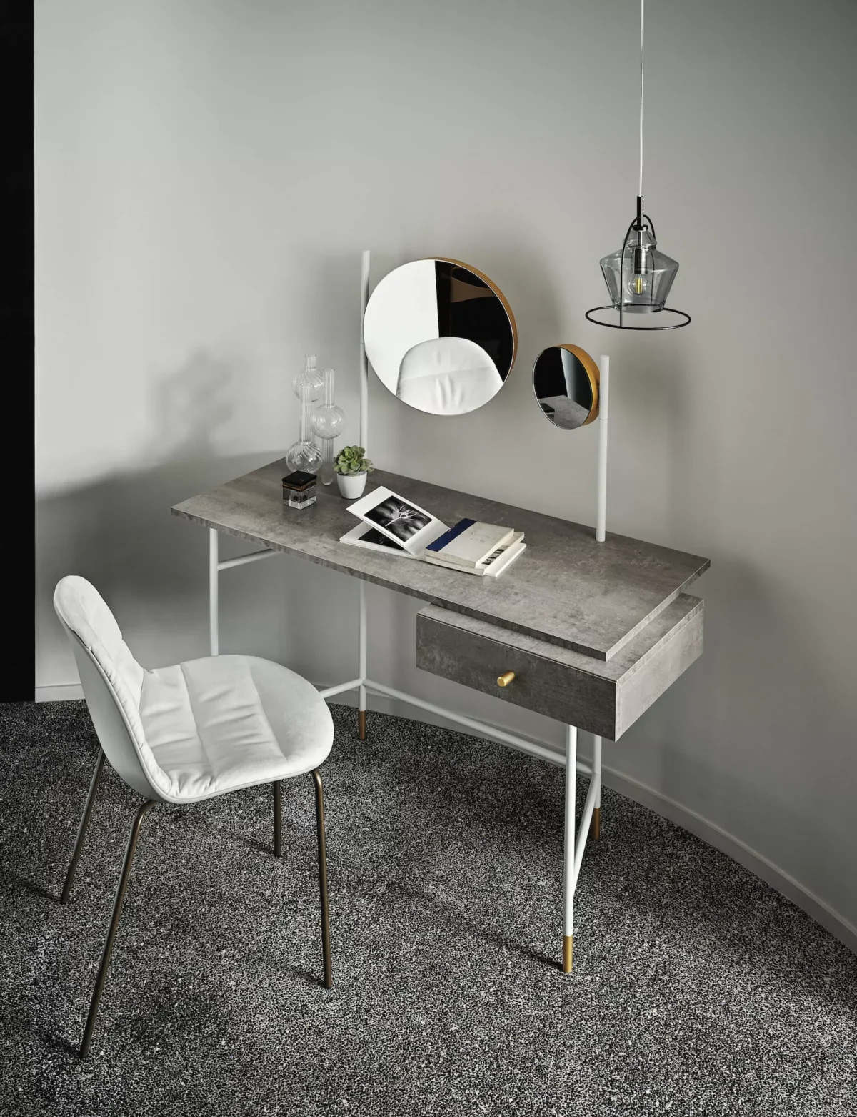 Mood Footstool Lined by Bontempi in Royal Oak, MI featuring a lacquered metal frame with triangular legs and a polypropylene shell upholstered in premium Kvadrat Coda fabric.
