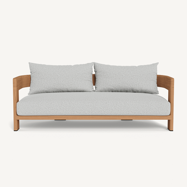  “Contemporary teak two-seater by Harbour – Victoria collection outdoor sofa with clean lines and natural finish”