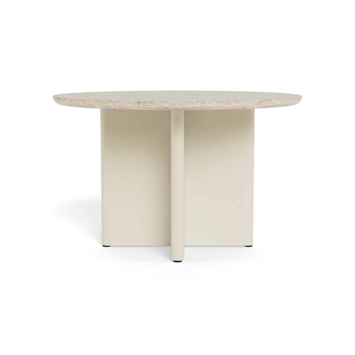 “Side angle of Harbour’s Victoria 48" round dining table – contemporary silhouette with durable materials”
