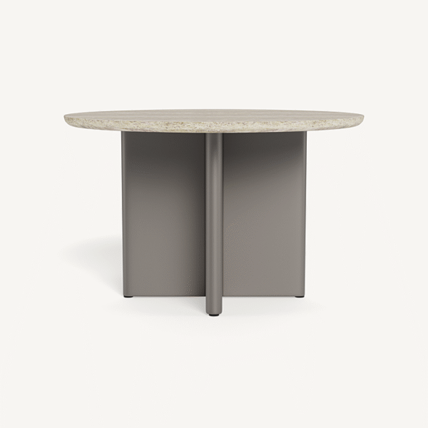 “Victoria Aluminum Stone Round Dining Table 48" by Harbour – modern circular outdoor table with stone top”