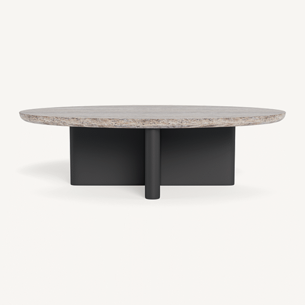 “Victoria Aluminum Oval Stone Coffee Table by Harbour – modern outdoor table with sculpted stone top and aluminum base”