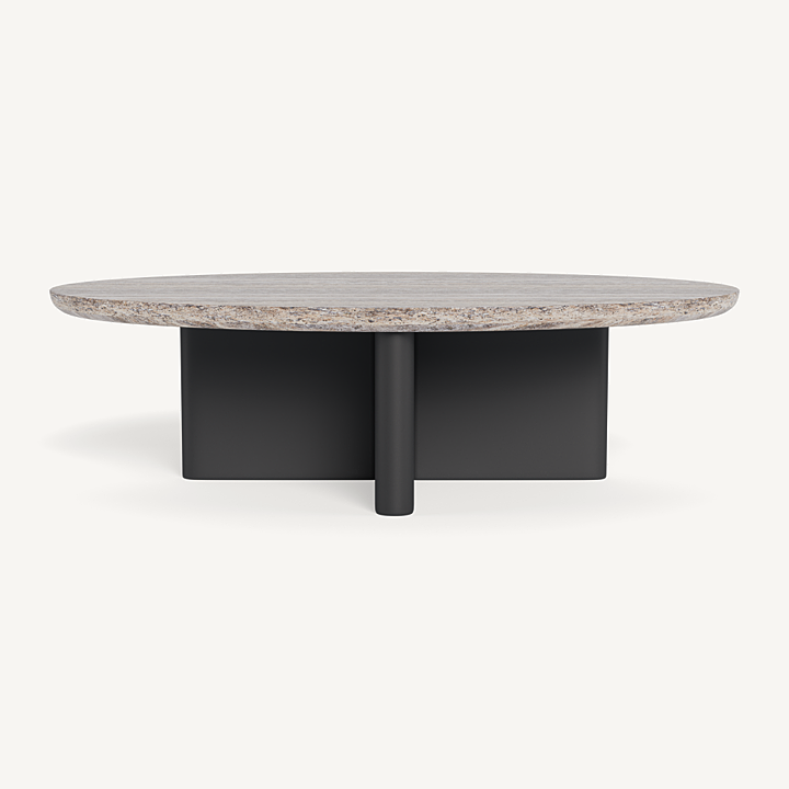 “Victoria Aluminum Oval Stone Coffee Table by Harbour – modern outdoor table with sculpted stone top and aluminum base”