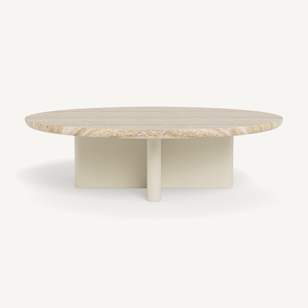 “Victoria Aluminum Round Stone Coffee Table by Harbour – modern outdoor table with circular stone top and aluminum base”