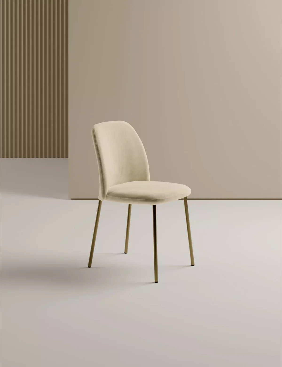 “Three‑quarter view of Vivian by Bontempi – elegant upholstered chair with rounded backrest and slim dark‑finish legs.”