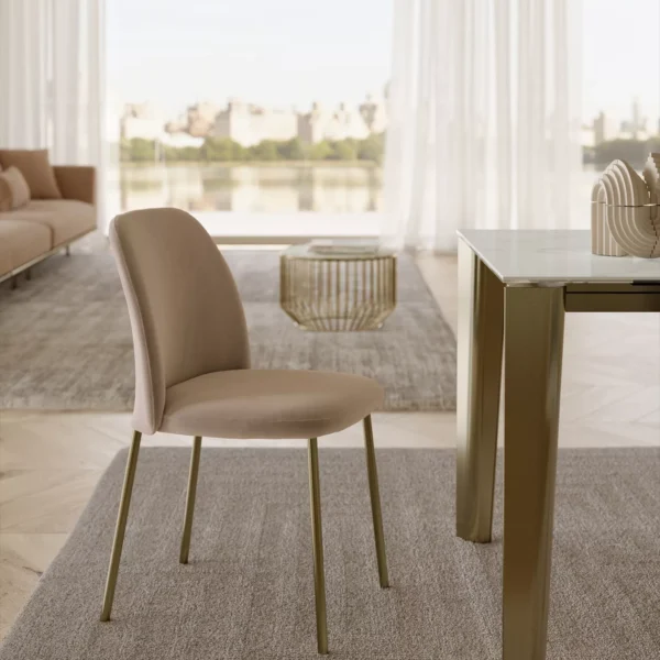 “Modern indoor chair ‘Vivian’ with charcoal textile covering and sleek metal frame, perfect for contemporary interiors.”
