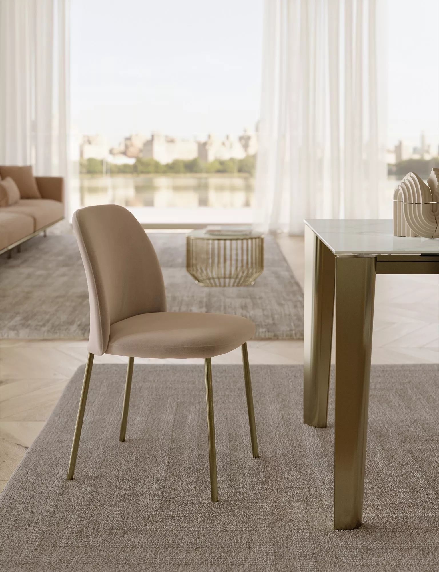 “Modern indoor chair ‘Vivian’ with charcoal textile covering and sleek metal frame, perfect for contemporary interiors.”