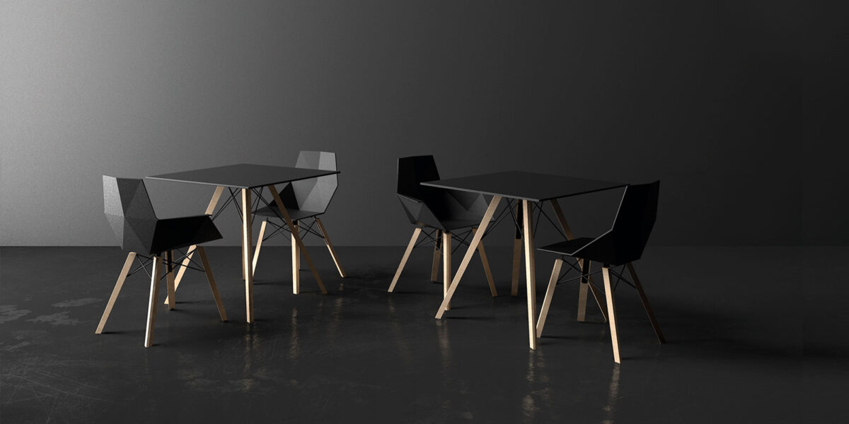 "Minimalist and earthy FAZ WOOD dining table by Vondom, crafted with architectural precision."