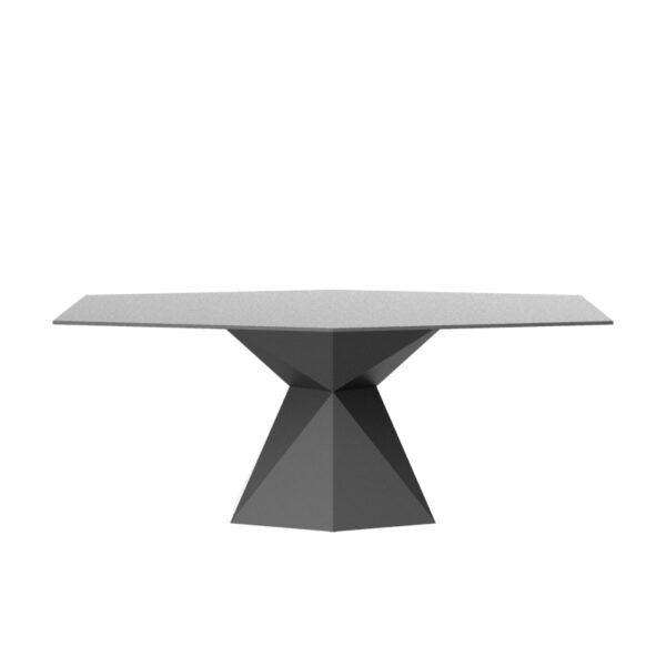 "Bold VERTEX table by Vondom featuring a faceted pedestal and sleek finish."
