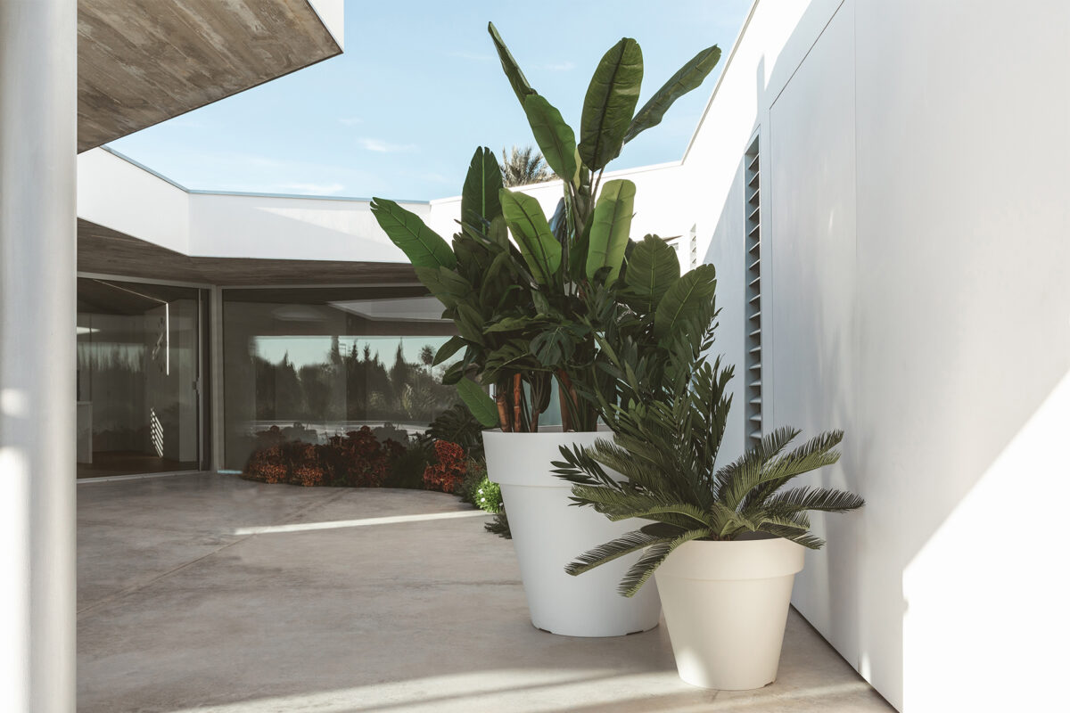 Modern designer vase by Vondom, high-end Spanish outdoor decor for Royal Oak, Michigan.