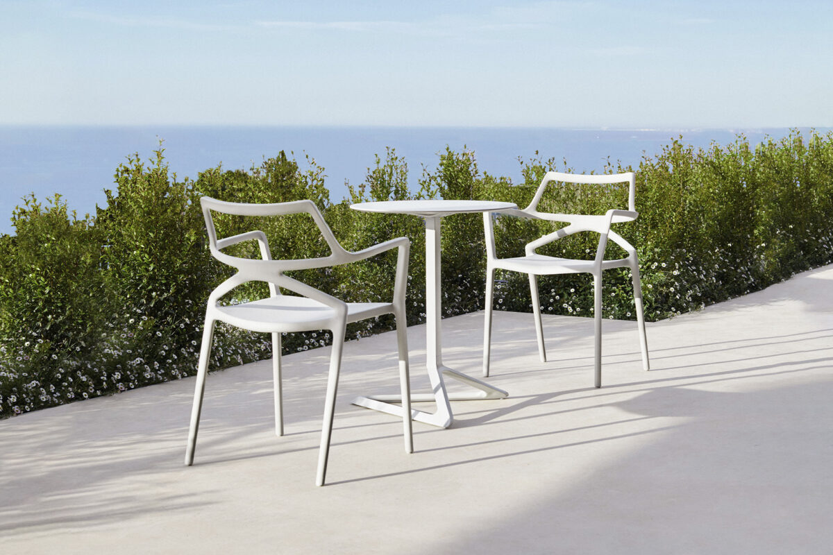 "Contemporary Vondom DELTA tables with architectural style and weather-resistant materials."