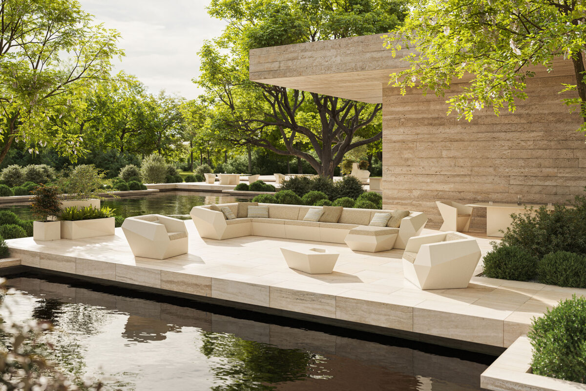 Luxury contemporary Faz Low Tables by Ramón Esteve for Vondom, high-end Spanish outdoor furniture for Birmingham, Michigan.