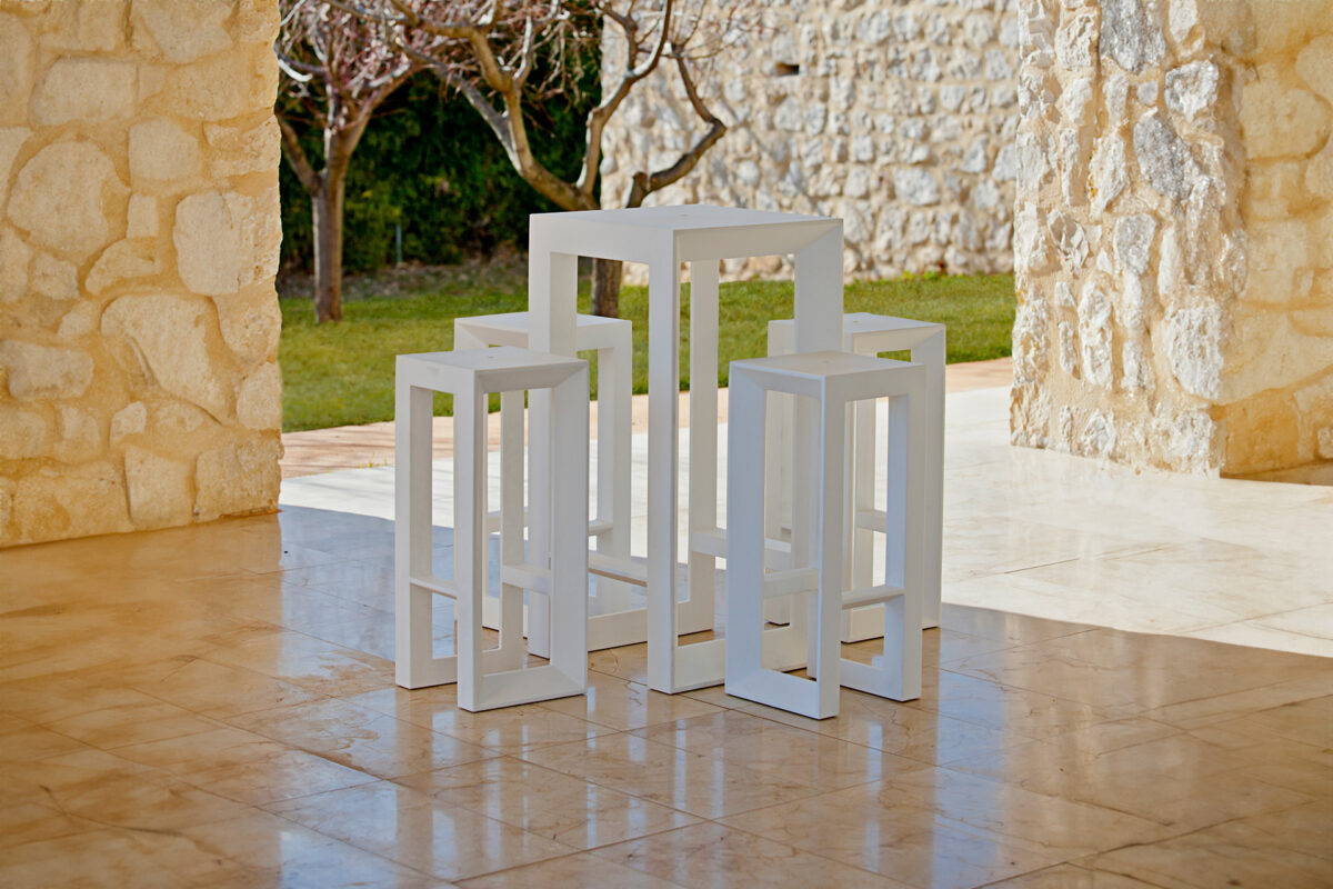 FRAME Stool by Vondom with crisp lines and solid construction, perfect for contemporary outdoor bars
