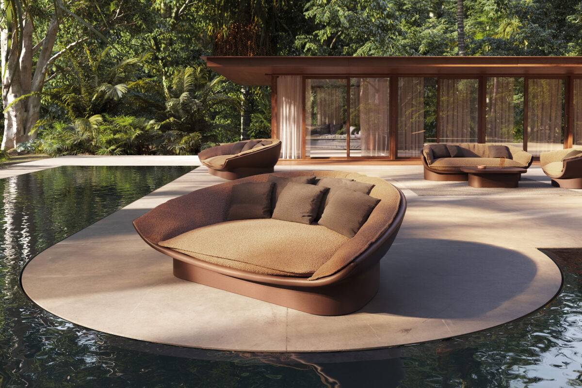 Vondom LUNA Daybed with circular frame, deep cushions, and integrated shade canopy