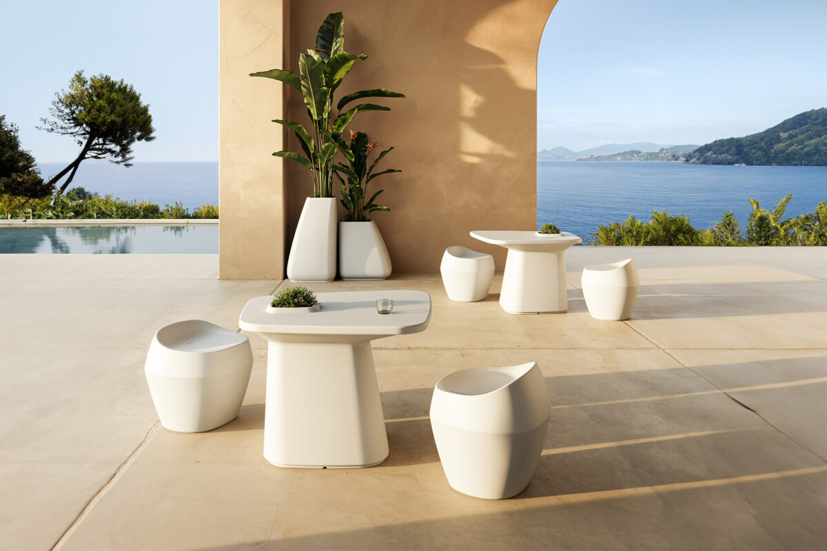 "Modern dining or side table from Vondom’s NOMA collection with versatile design."