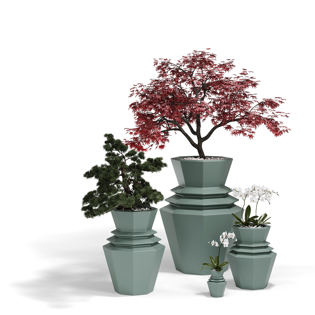 HINOKI by Vondom – Sculptural outdoor planter with geometric origami design in Royal Oak.
