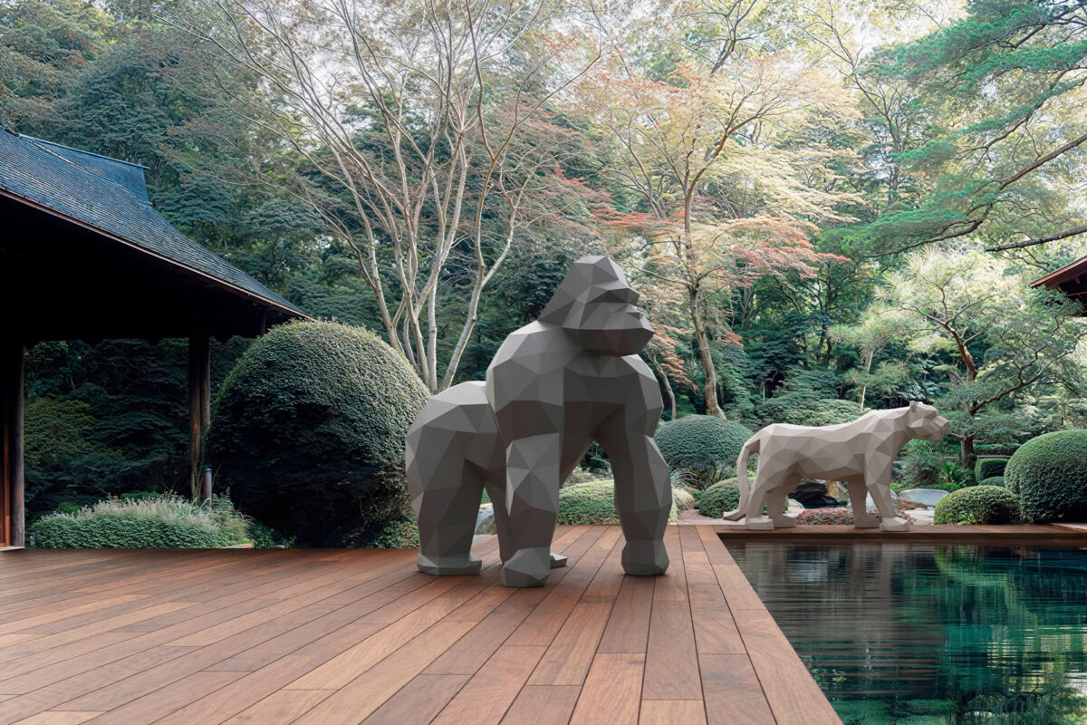 Vondom Origami Saru gorilla statue in Troy, Michigan – Contemporary outdoor sculpture inspired by Japanese art.