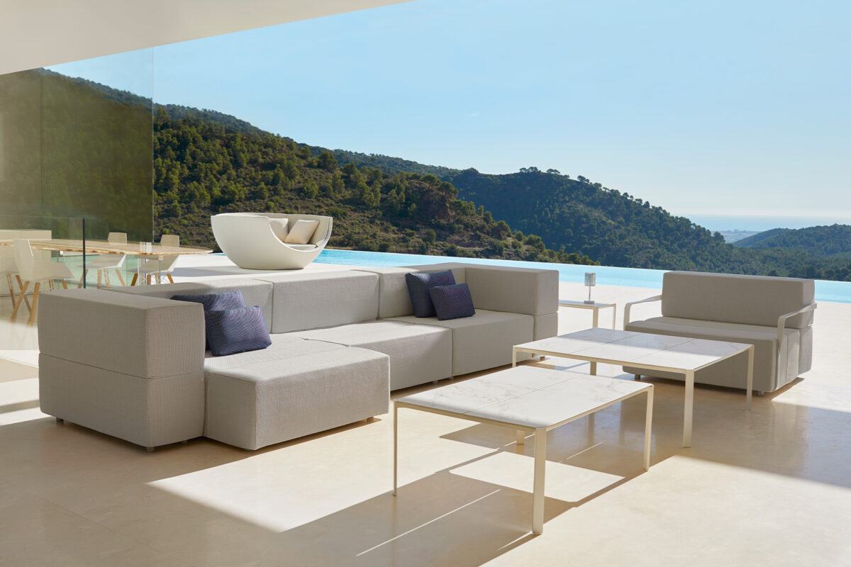 "Modern Vondom TABLET lounge chair with plush cushions and clean architectural lines."