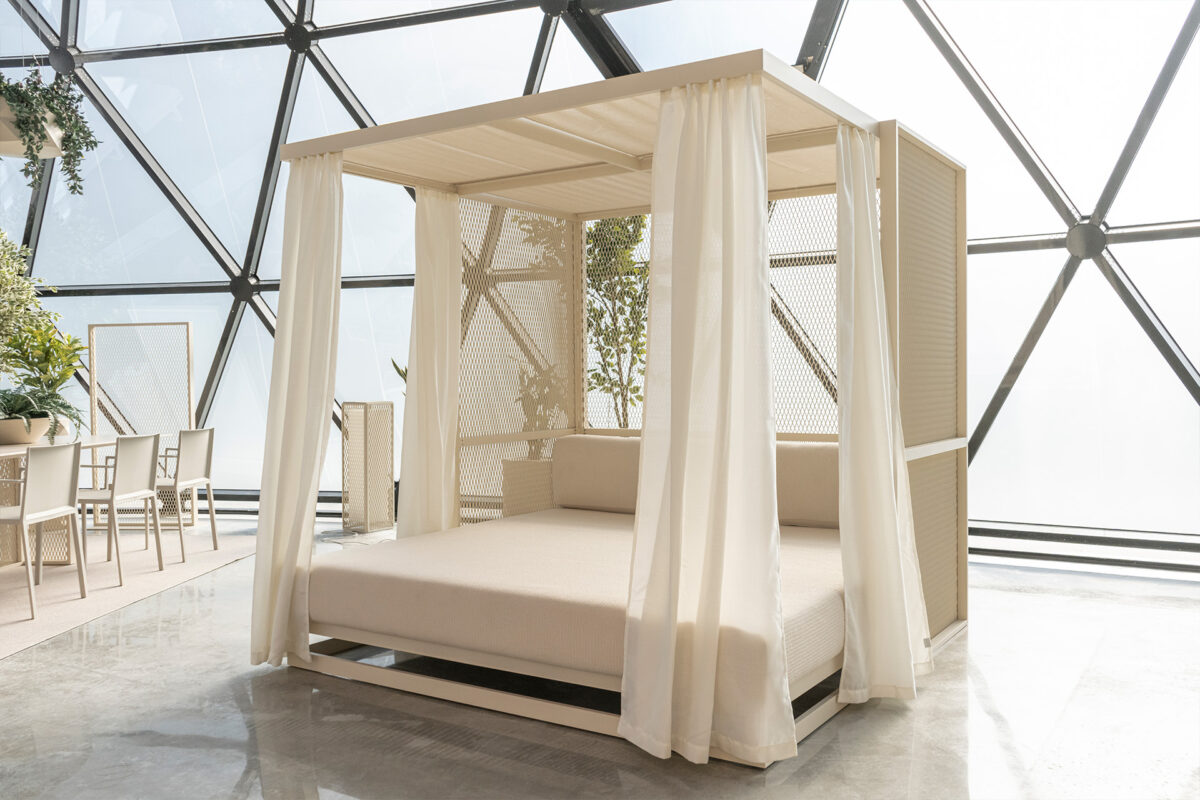 Contemporary outdoor daybed from Vondom’s THE FACTORY collection with sleek design and durable construction