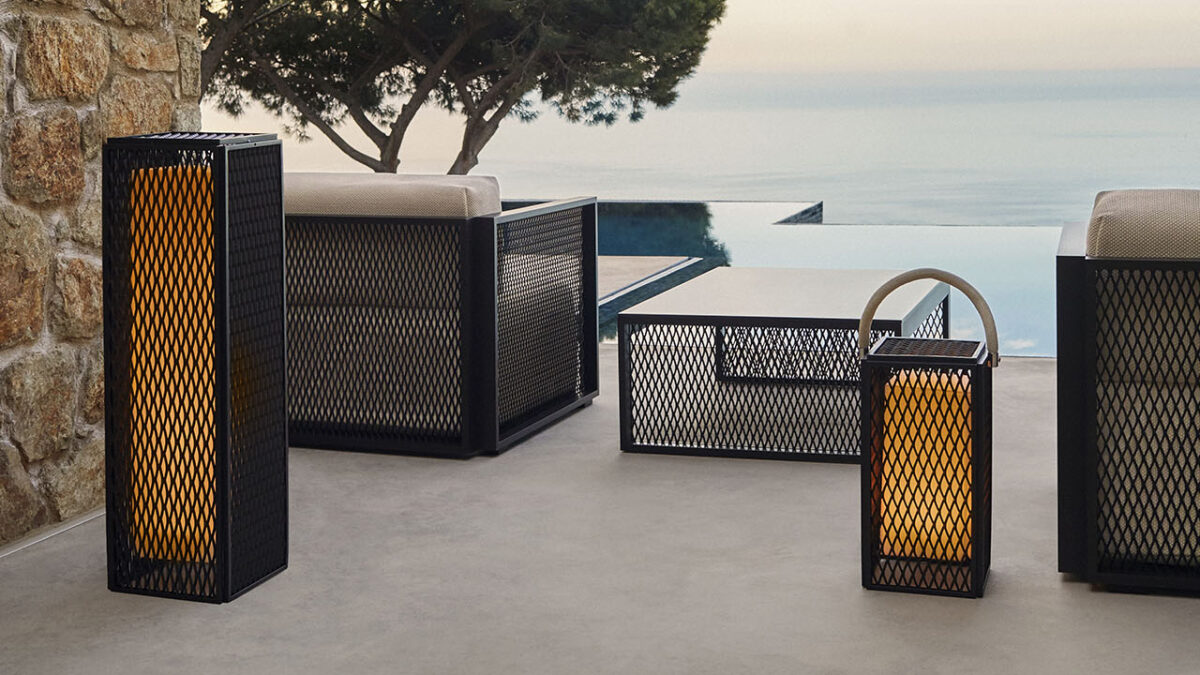 High-end designer lamp by Vondom with geometric metal grille, perfect for modern patios or terraces.