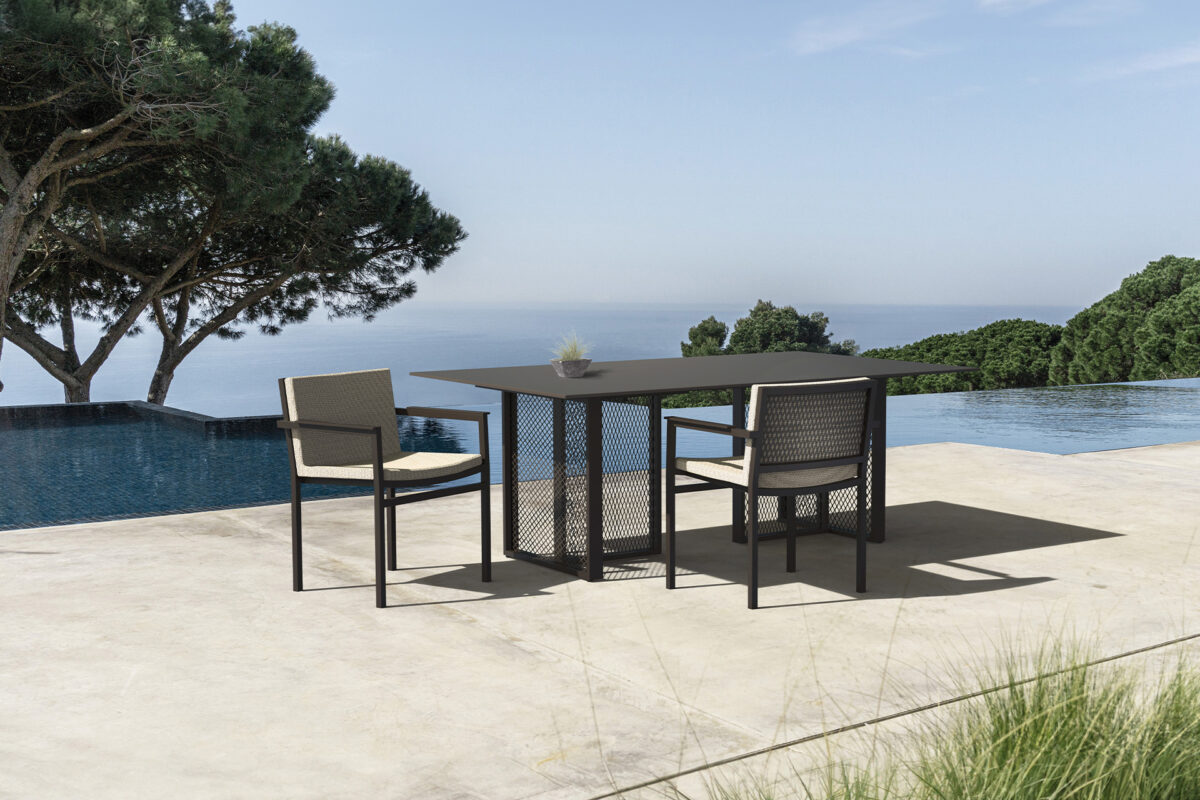 Contemporary luxury patio table by Vondom in black aluminum and teak finish
