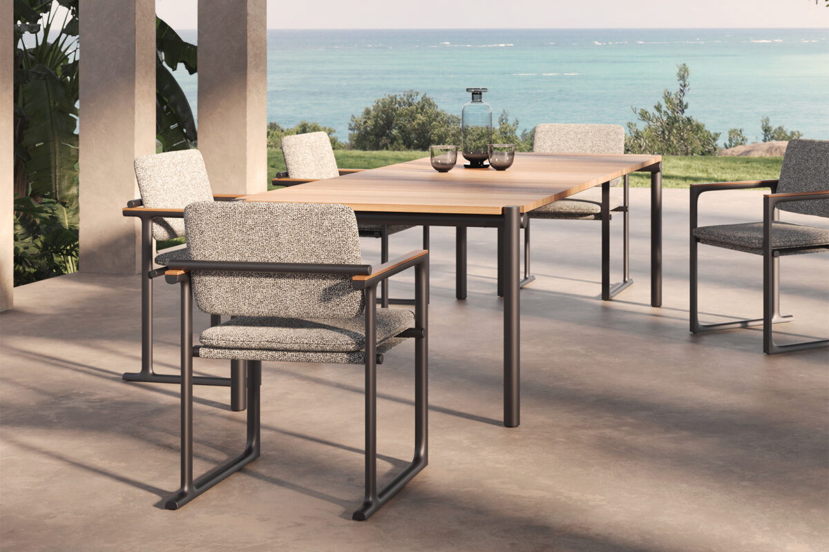 "Contemporary Vondom TULUM dining table with rectangular wooden top and clean-lined structure."
