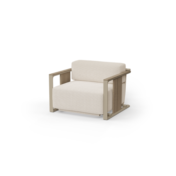 "Designer TULUM lounge chair by Vondom featuring warm wood tones and soft upholstery."