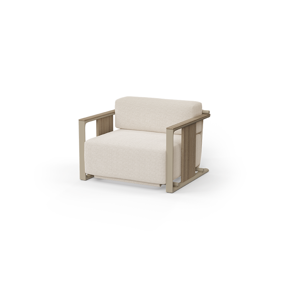 "Designer TULUM lounge chair by Vondom featuring warm wood tones and soft upholstery."