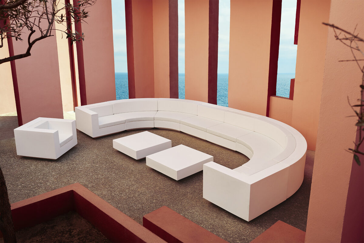 Luxury contemporary Vela Square Coffee Tables by Ramón Esteve for Vondom, high-end Spanish outdoor furniture for Birmingham, Michigan.