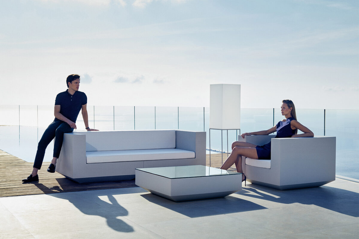 Luxury contemporary Vela Square Coffee Tables by Ramón Esteve for Vondom, high-end Spanish outdoor furniture for Birmingham, Michigan.