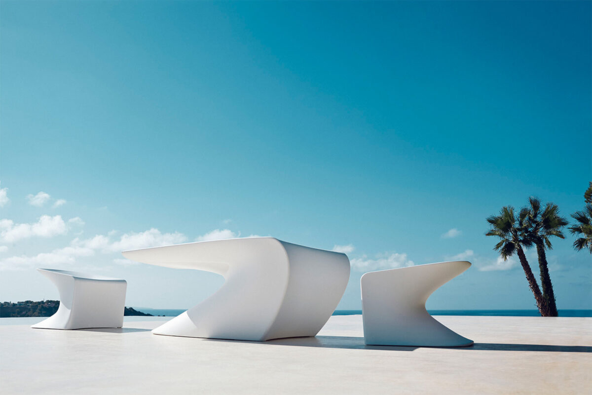 Luxury contemporary Wing fluid accent stool by Vondom, designer outdoor-indoor seating for Royal Oak, Michigan.