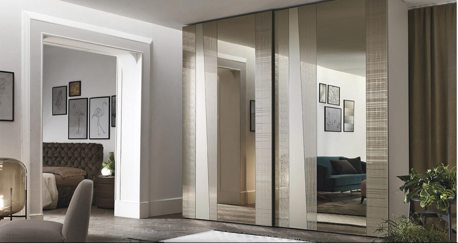 “Madras Sliding wardrobe by Tomasella – modern Italian wardrobe with textured sliding doors and integrated handle profile”