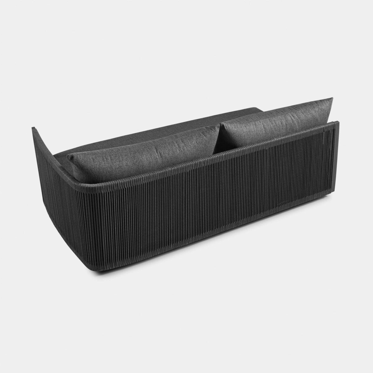 “Detail of right armrest and frame – Harbour Antigua outdoor 2-seater with minimalist silhouette”
