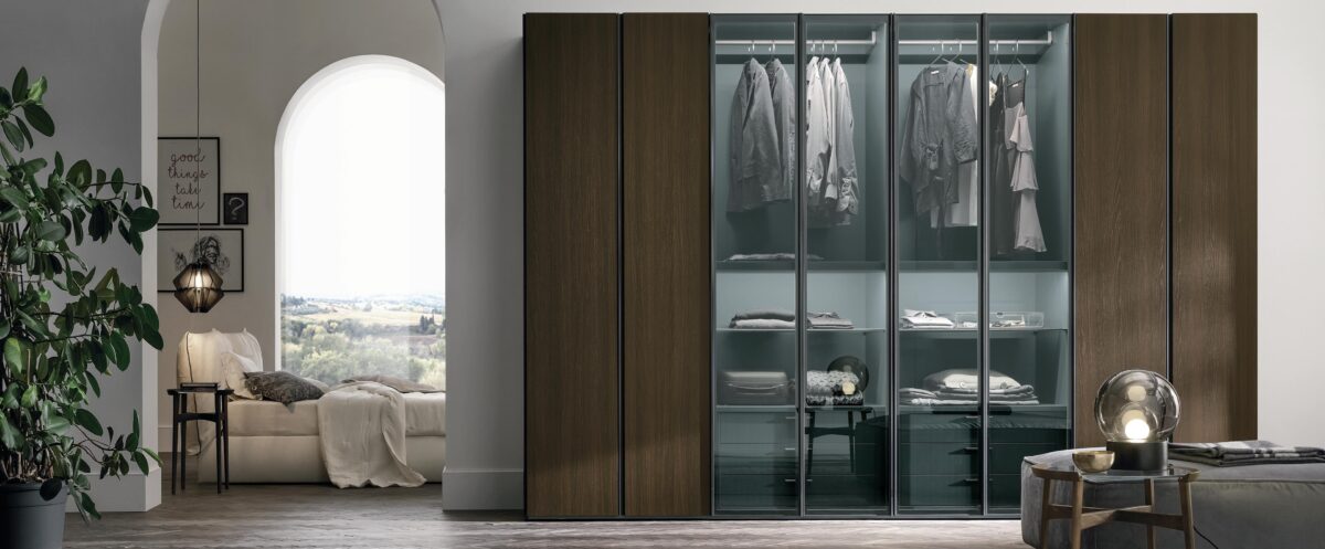 "Modern wardrobe Metropolis by Tomasella – bold geometric styling with sleek vertical lines and modular layout"