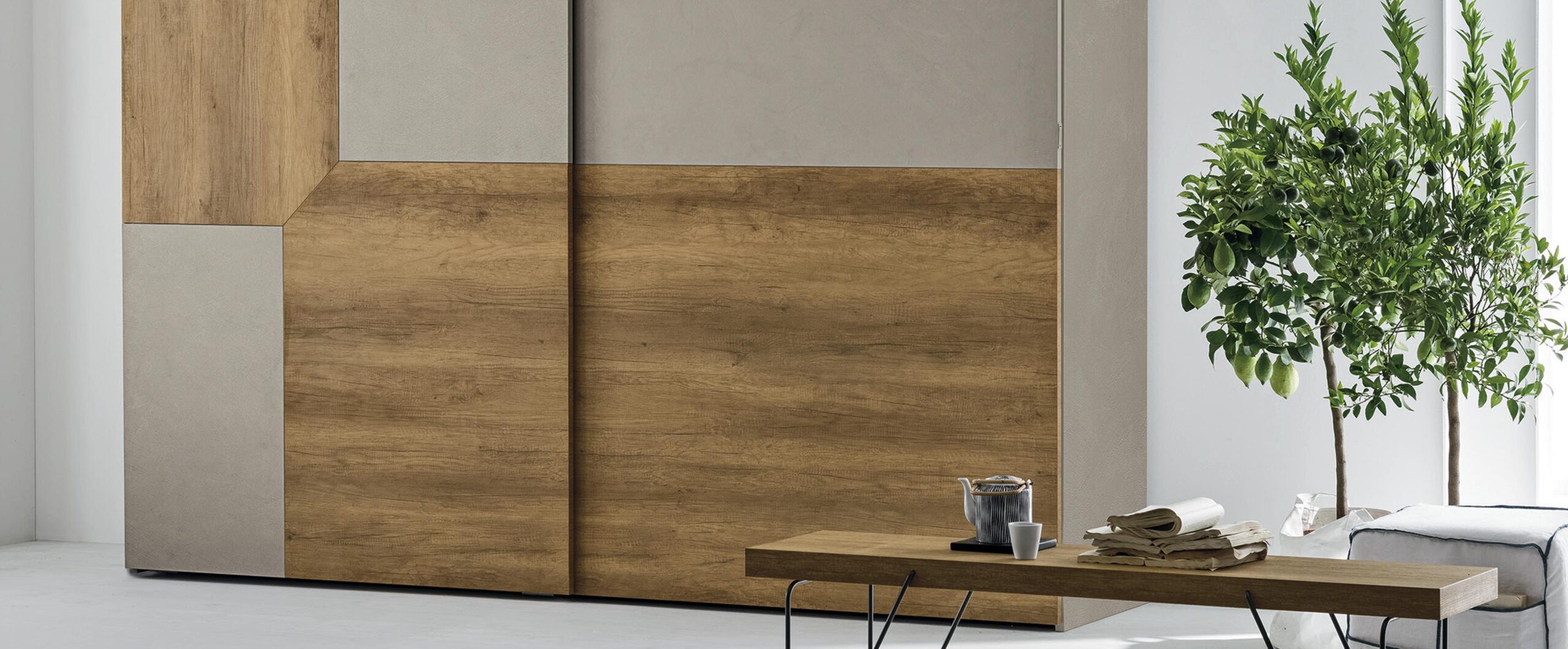 “Remix Sliding wardrobe by Tomasella – modern Italian sliding wardrobe with mixed-material panels and minimalist design"