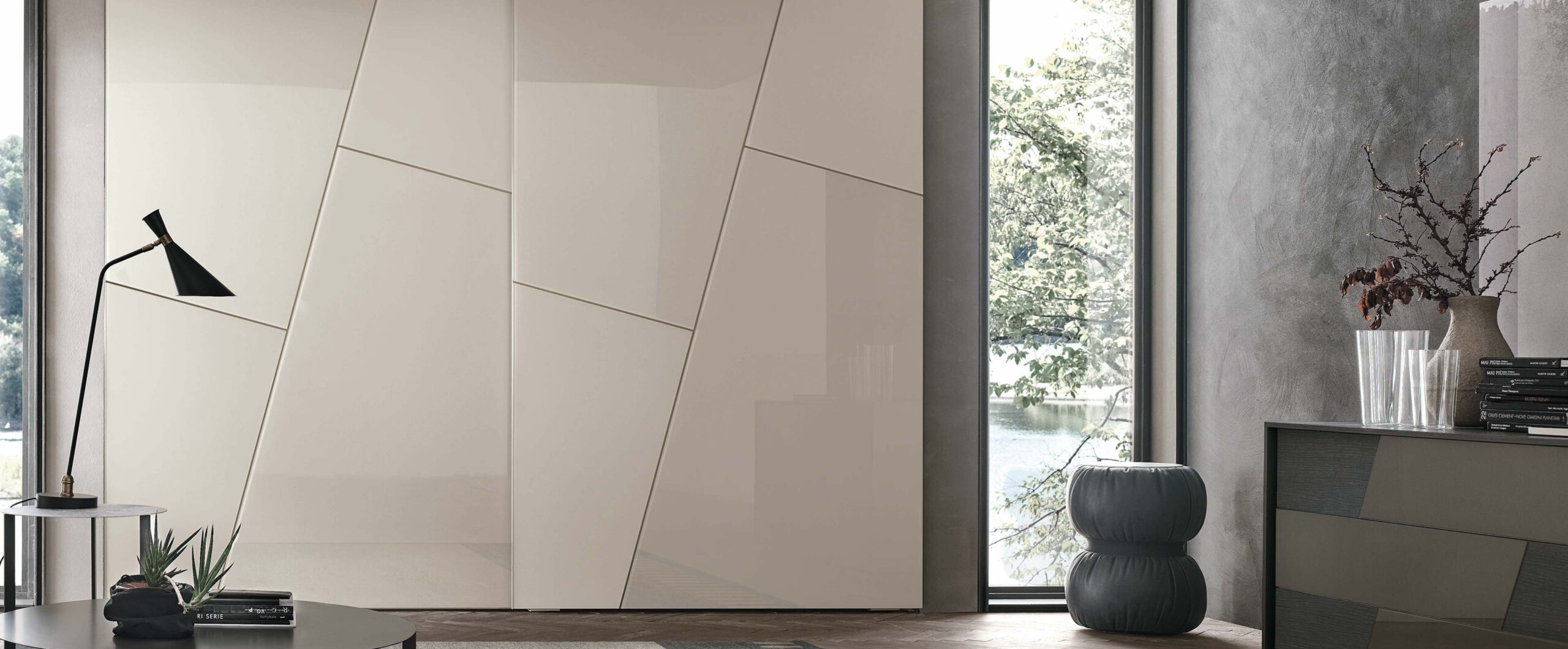 “Kross Sliding wardrobe by Tomasella – modern Italian sliding wardrobe with bold diagonal panel detailing and minimalist profile”