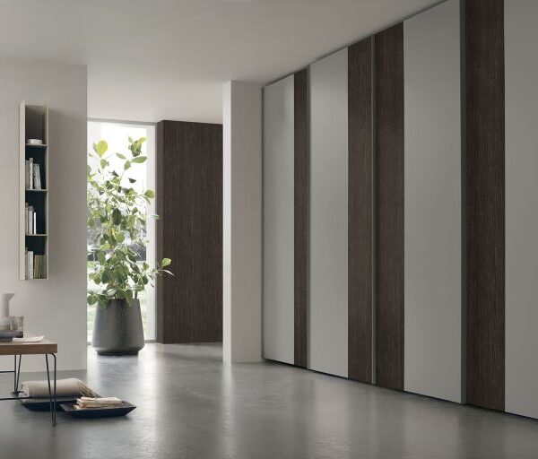 "Tomasella Strip Sliding – contemporary wardrobe featuring layered panel design, clean lines, and soft-close sliding system"