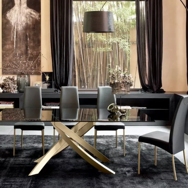 Artistico by Bontempi – minimalist rectangular table with charcoal oak veneer top and sand‑finished lacquered steel X‑legs.