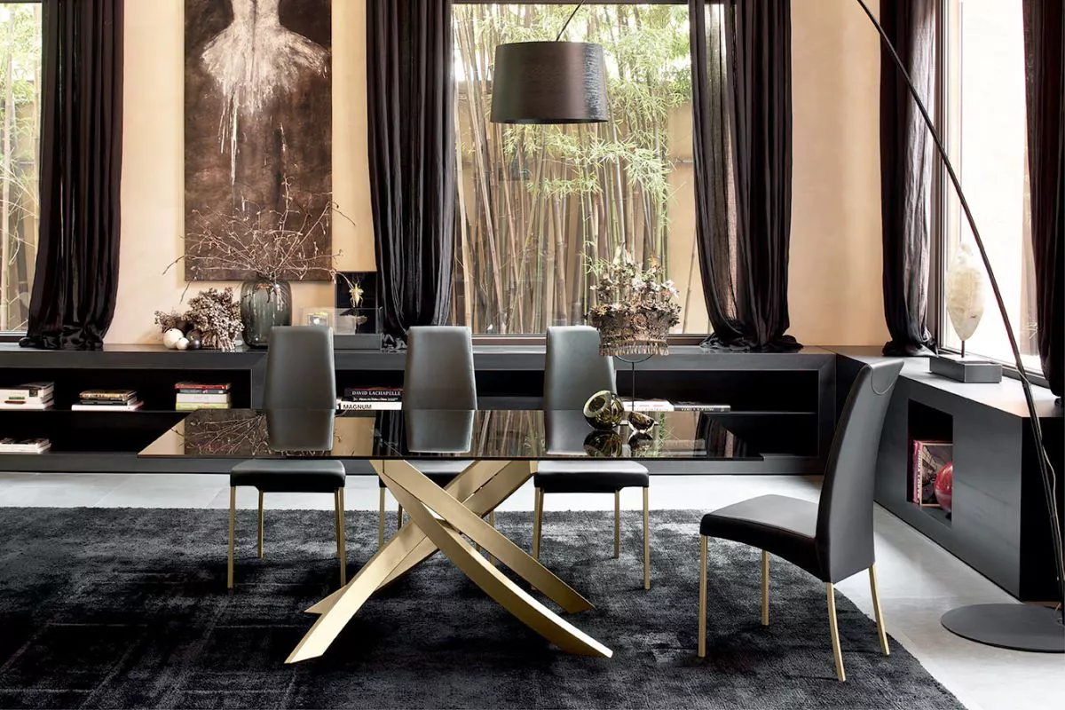 Artistico by Bontempi – minimalist rectangular table with charcoal oak veneer top and sand‑finished lacquered steel X‑legs.
