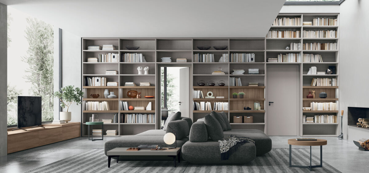 “Modern TV wall system Atlante UNIT_AT223 by Tomasella – elegant matte lacquered finish with horizontal layout”