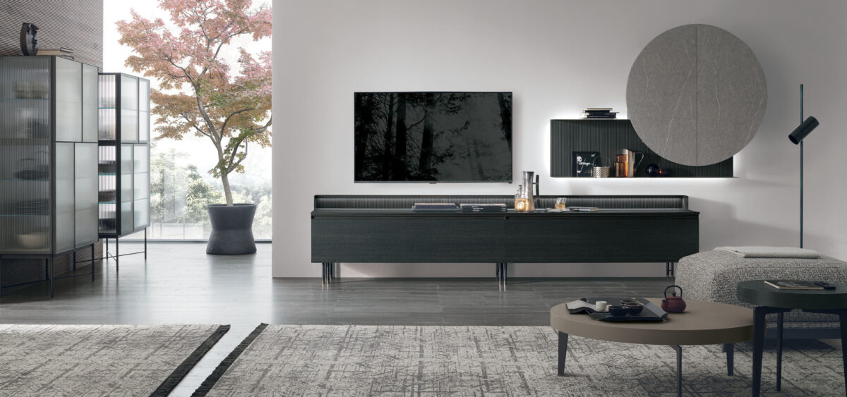 “Contemporary living room system Atlante UNIT_AT101 by Tomasella – sleek modular storage with open and closed elements”