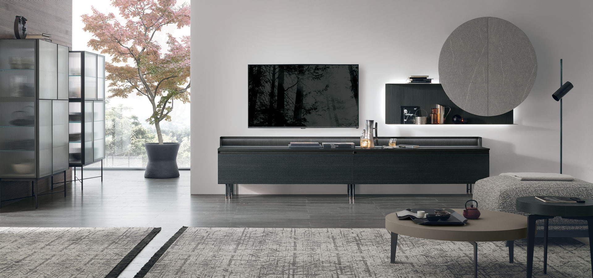 “Contemporary living room system Atlante UNIT_AT101 by Tomasella – sleek modular storage with open and closed elements”