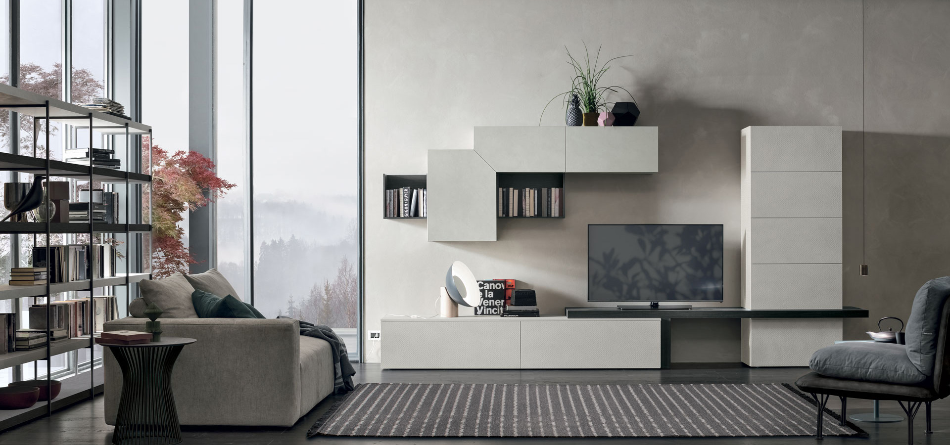 “Atlante UNIT_AT106 by Tomasella – modern Italian modular wall unit with asymmetrical shelving and sleek storage cabinets”