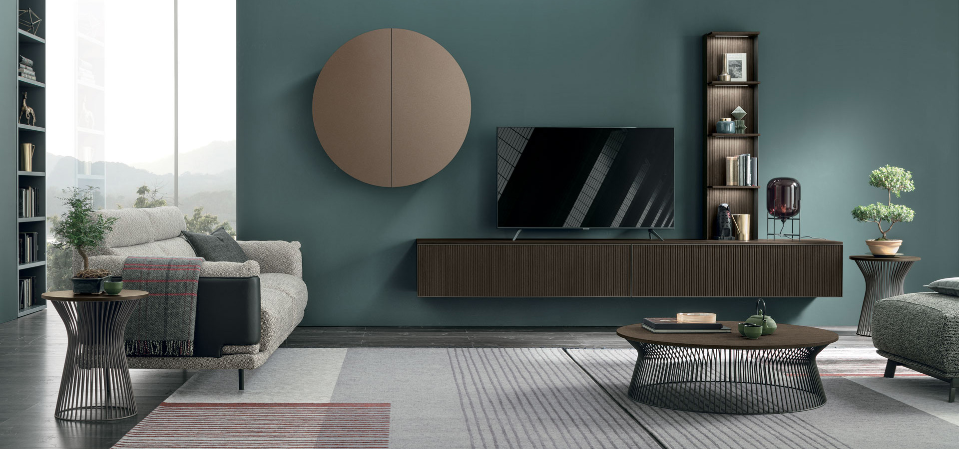 “Atlante UNIT_AT108 by Tomasella – contemporary Italian wall unit with floating TV base and vertical open shelving”